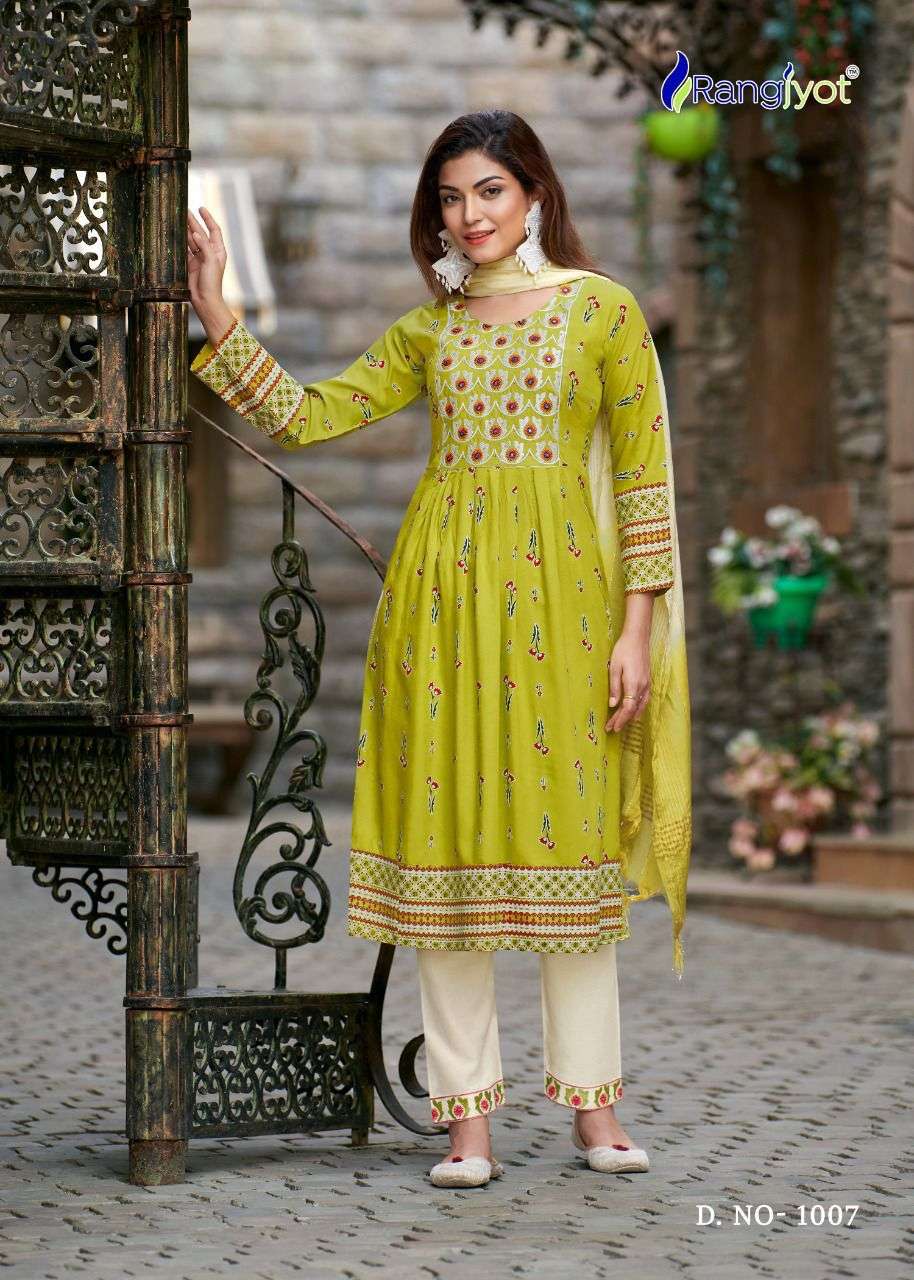 RANG MANCH BY RANGJYOT FASHION 1001 TO 1008 SERIES BEAUTIFUL SUITS COLORFUL STYLISH FANCY CASUAL WEAR & ETHNIC WEAR RAYON PRINT DRESSES AT WHOLESALE PRICE
