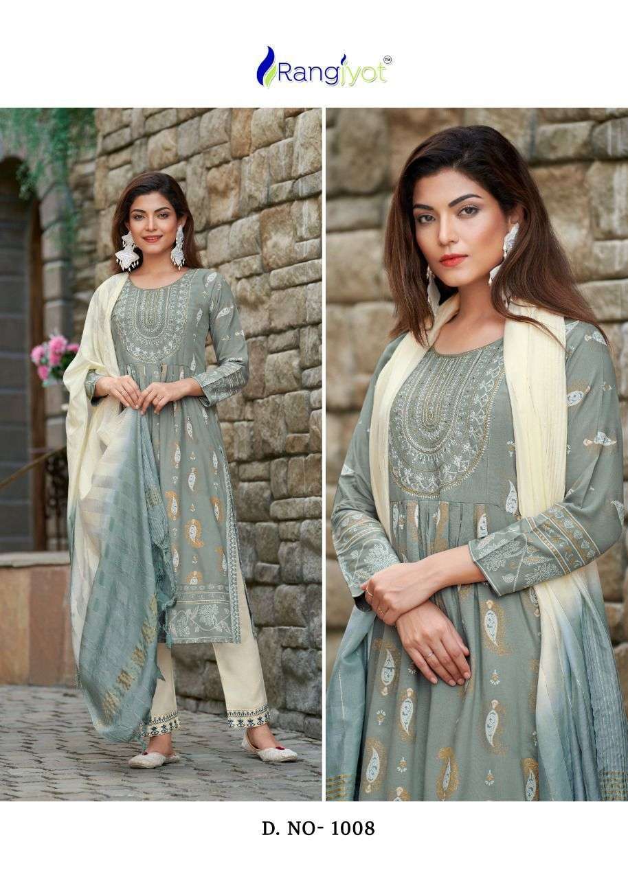 RANG MANCH BY RANGJYOT FASHION 1001 TO 1008 SERIES BEAUTIFUL SUITS COLORFUL STYLISH FANCY CASUAL WEAR & ETHNIC WEAR RAYON PRINT DRESSES AT WHOLESALE PRICE