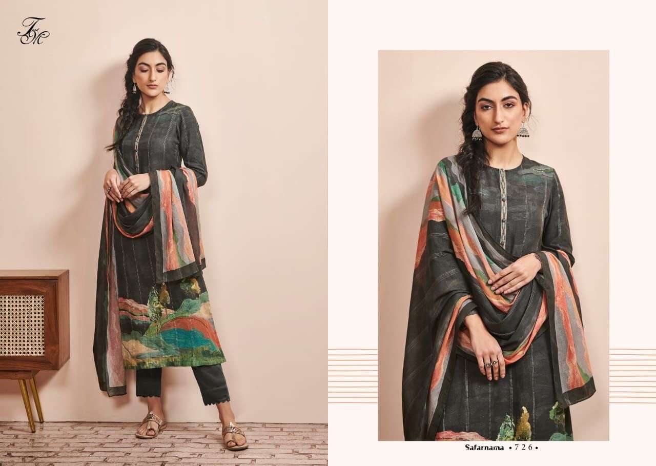 SAFARNAMA BY T AND M DESIGNER STUDIO BEAUTIFUL SUITS COLORFUL STYLISH FANCY CASUAL WEAR & ETHNIC WEAR PURE LINEN PRINT DRESSES AT WHOLESALE PRICE