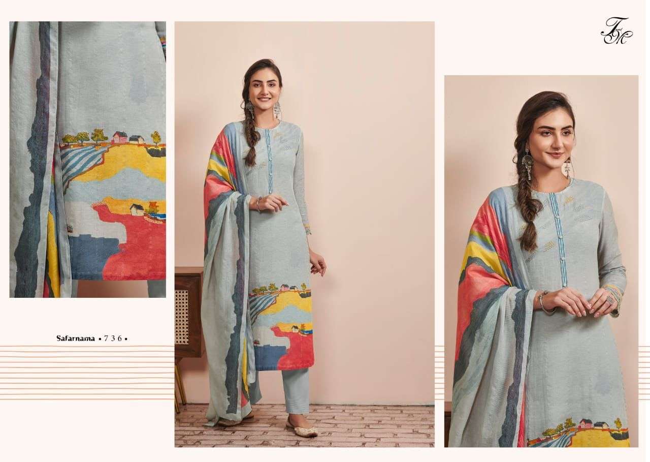 SAFARNAMA BY T AND M DESIGNER STUDIO BEAUTIFUL SUITS COLORFUL STYLISH FANCY CASUAL WEAR & ETHNIC WEAR PURE LINEN PRINT DRESSES AT WHOLESALE PRICE