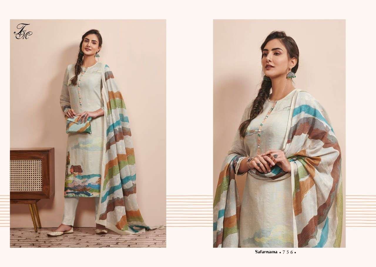 SAFARNAMA BY T AND M DESIGNER STUDIO BEAUTIFUL SUITS COLORFUL STYLISH FANCY CASUAL WEAR & ETHNIC WEAR PURE LINEN PRINT DRESSES AT WHOLESALE PRICE