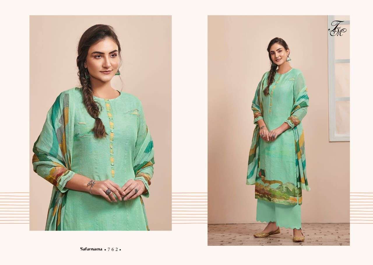SAFARNAMA BY T AND M DESIGNER STUDIO BEAUTIFUL SUITS COLORFUL STYLISH FANCY CASUAL WEAR & ETHNIC WEAR PURE LINEN PRINT DRESSES AT WHOLESALE PRICE