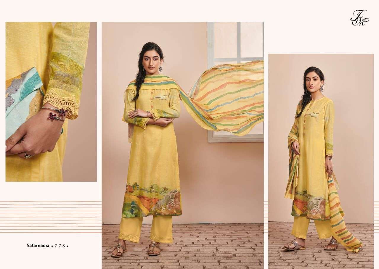 SAFARNAMA BY T AND M DESIGNER STUDIO BEAUTIFUL SUITS COLORFUL STYLISH FANCY CASUAL WEAR & ETHNIC WEAR PURE LINEN PRINT DRESSES AT WHOLESALE PRICE