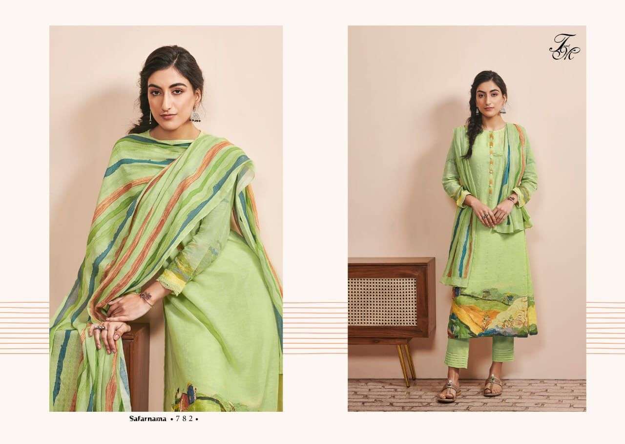SAFARNAMA BY T AND M DESIGNER STUDIO BEAUTIFUL SUITS COLORFUL STYLISH FANCY CASUAL WEAR & ETHNIC WEAR PURE LINEN PRINT DRESSES AT WHOLESALE PRICE