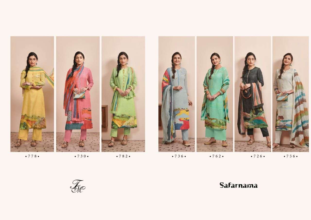 SAFARNAMA BY T AND M DESIGNER STUDIO BEAUTIFUL SUITS COLORFUL STYLISH FANCY CASUAL WEAR & ETHNIC WEAR PURE LINEN PRINT DRESSES AT WHOLESALE PRICE