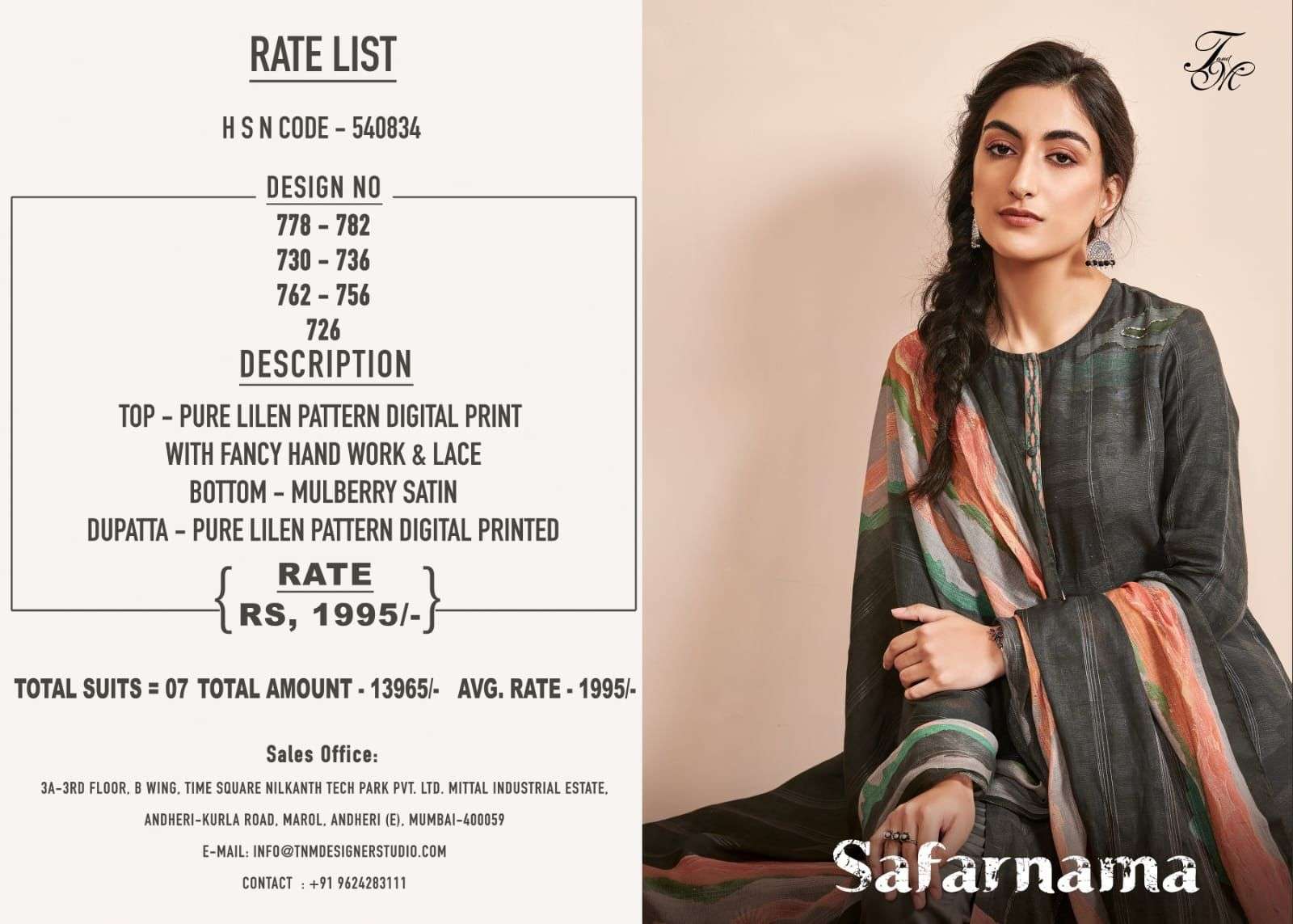 SAFARNAMA BY T AND M DESIGNER STUDIO BEAUTIFUL SUITS COLORFUL STYLISH FANCY CASUAL WEAR & ETHNIC WEAR PURE LINEN PRINT DRESSES AT WHOLESALE PRICE