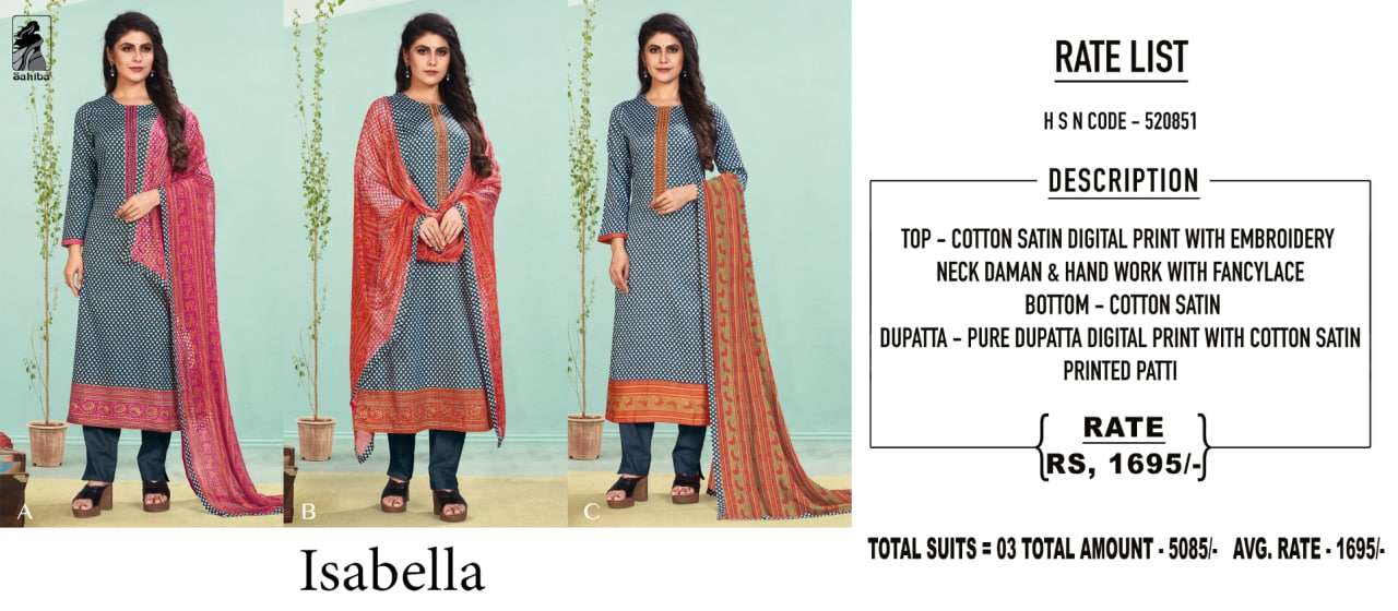 ISABELLA BY SAHIBA FABRICS A TO C SERIES BEAUTIFUL SUITS COLORFUL STYLISH FANCY CASUAL WEAR & ETHNIC WEAR COTTON SATIN PRINT DRESSES AT WHOLESALE PRICE