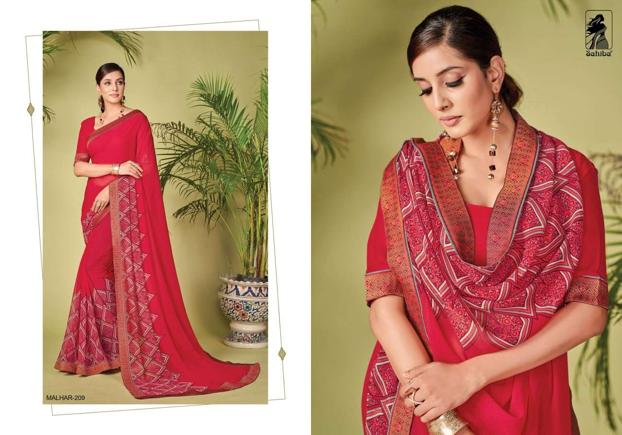 MALHAR VOL-2 BY SAHIBA FABRICS 209 TO 217 SERIES INDIAN TRADITIONAL WEAR COLLECTION BEAUTIFUL STYLISH FANCY COLORFUL PARTY WEAR & OCCASIONAL WEAR FANCY SAREES AT WHOLESALE PRICE