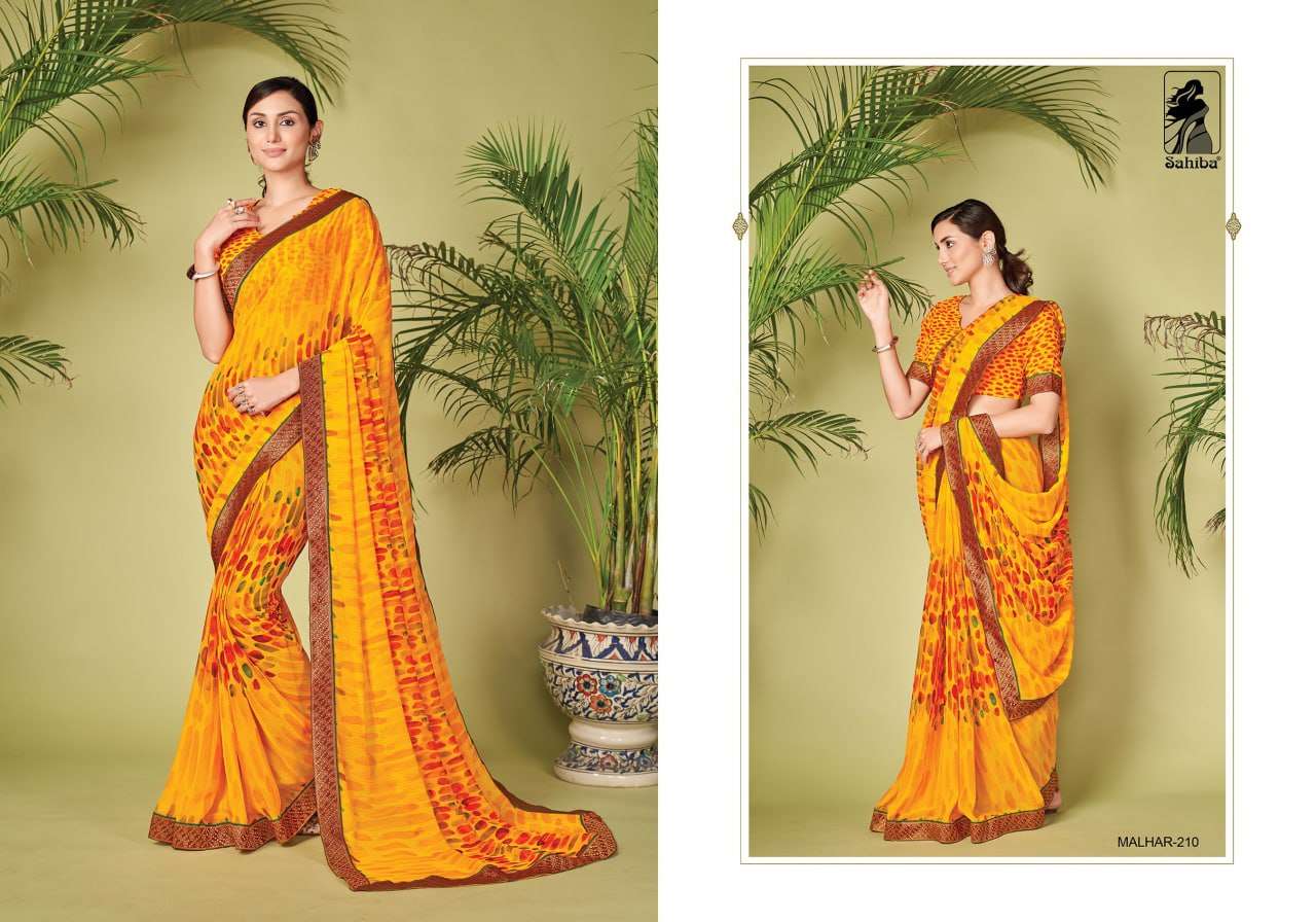 MALHAR VOL-2 BY SAHIBA FABRICS 209 TO 217 SERIES INDIAN TRADITIONAL WEAR COLLECTION BEAUTIFUL STYLISH FANCY COLORFUL PARTY WEAR & OCCASIONAL WEAR FANCY SAREES AT WHOLESALE PRICE