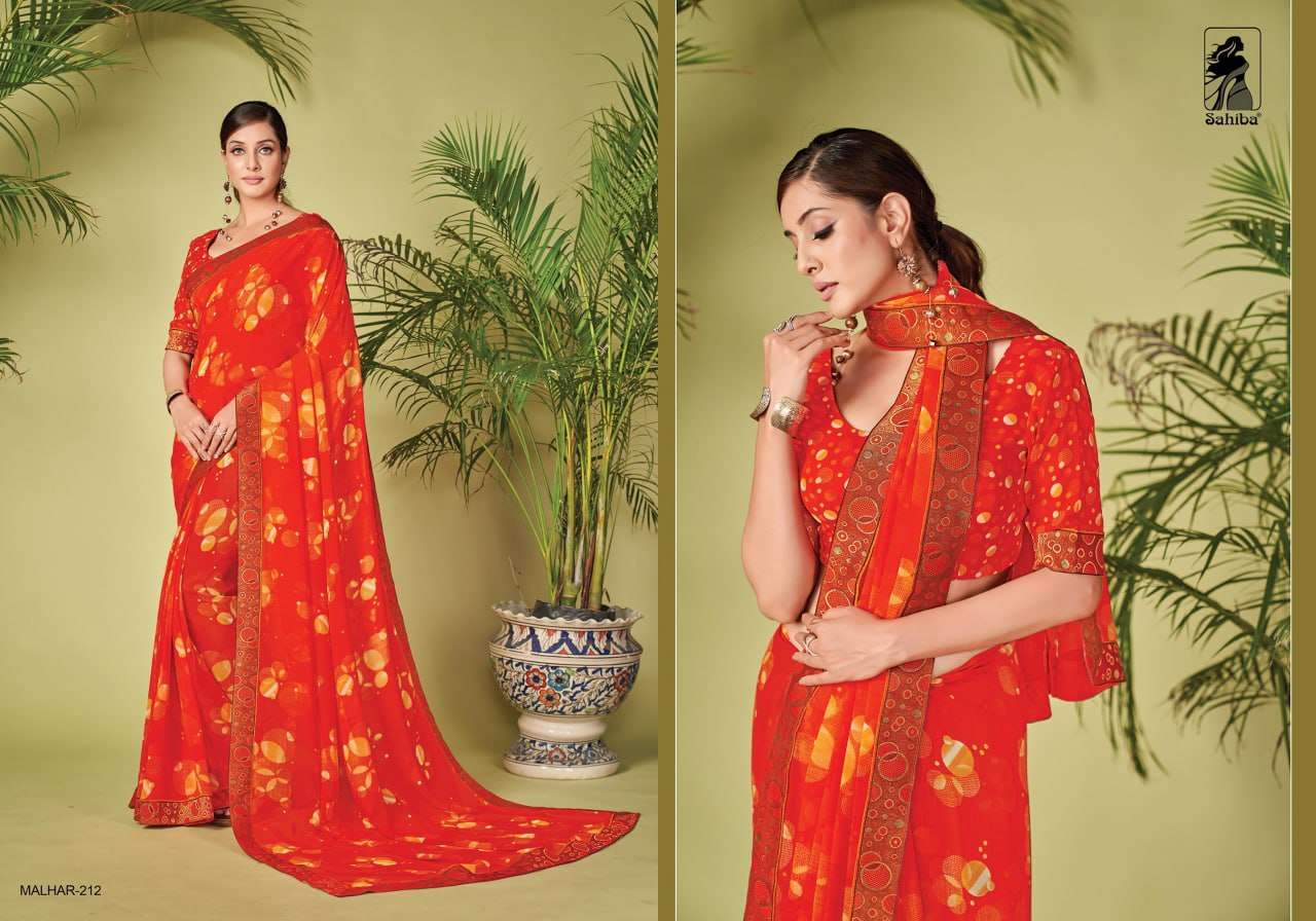 MALHAR VOL-2 BY SAHIBA FABRICS 209 TO 217 SERIES INDIAN TRADITIONAL WEAR COLLECTION BEAUTIFUL STYLISH FANCY COLORFUL PARTY WEAR & OCCASIONAL WEAR FANCY SAREES AT WHOLESALE PRICE