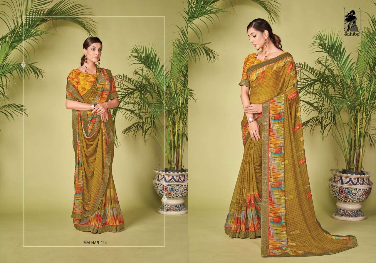 MALHAR VOL-2 BY SAHIBA FABRICS 209 TO 217 SERIES INDIAN TRADITIONAL WEAR COLLECTION BEAUTIFUL STYLISH FANCY COLORFUL PARTY WEAR & OCCASIONAL WEAR FANCY SAREES AT WHOLESALE PRICE