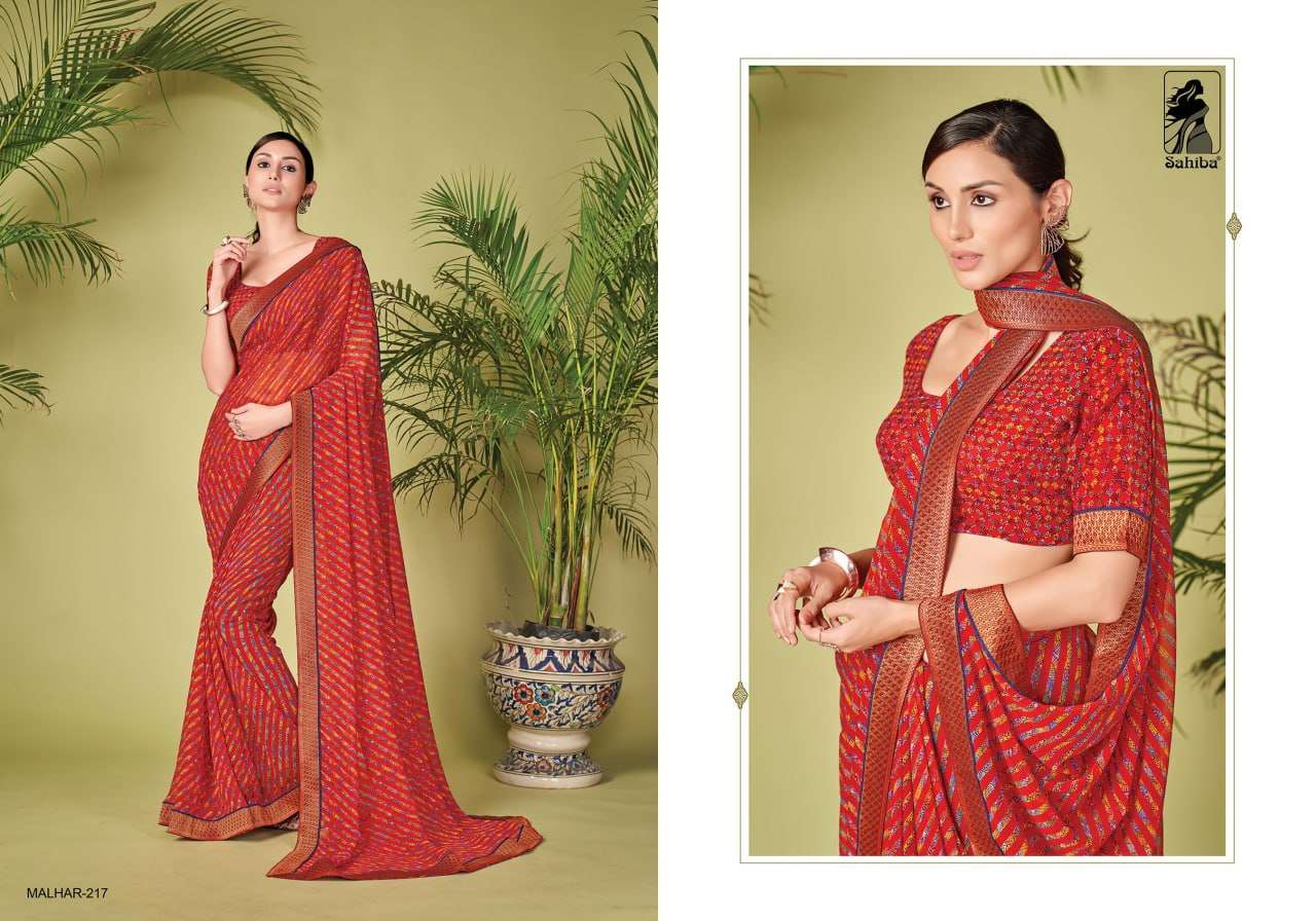 MALHAR VOL-2 BY SAHIBA FABRICS 209 TO 217 SERIES INDIAN TRADITIONAL WEAR COLLECTION BEAUTIFUL STYLISH FANCY COLORFUL PARTY WEAR & OCCASIONAL WEAR FANCY SAREES AT WHOLESALE PRICE