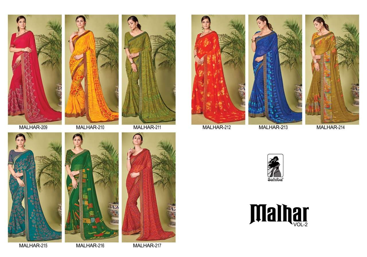 MALHAR VOL-2 BY SAHIBA FABRICS 209 TO 217 SERIES INDIAN TRADITIONAL WEAR COLLECTION BEAUTIFUL STYLISH FANCY COLORFUL PARTY WEAR & OCCASIONAL WEAR FANCY SAREES AT WHOLESALE PRICE