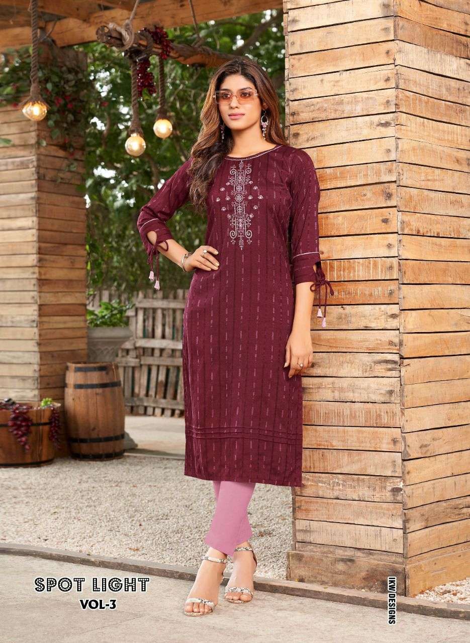 SPOT LIGHT VOL-3 BY IKW 1001 TO 1008 SERIES DESIGNER STYLISH FANCY COLORFUL BEAUTIFUL PARTY WEAR & ETHNIC WEAR COLLECTION VISCOSE RAYON KURTIS AT WHOLESALE PRICE