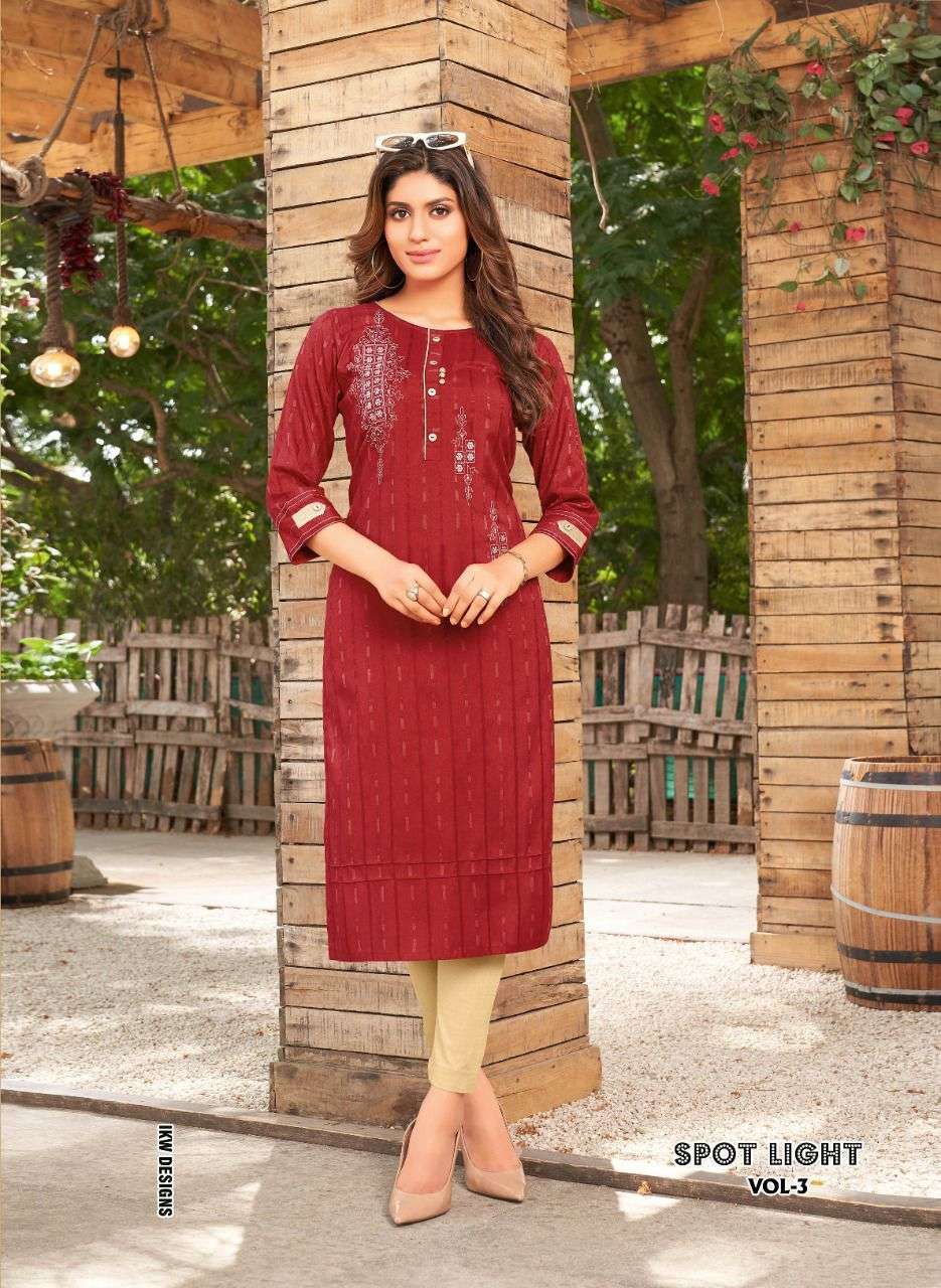SPOT LIGHT VOL-3 BY IKW 1001 TO 1008 SERIES DESIGNER STYLISH FANCY COLORFUL BEAUTIFUL PARTY WEAR & ETHNIC WEAR COLLECTION VISCOSE RAYON KURTIS AT WHOLESALE PRICE