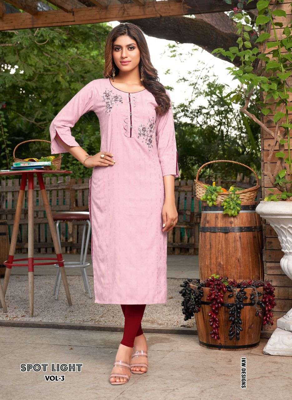 SPOT LIGHT VOL-3 BY IKW 1001 TO 1008 SERIES DESIGNER STYLISH FANCY COLORFUL BEAUTIFUL PARTY WEAR & ETHNIC WEAR COLLECTION VISCOSE RAYON KURTIS AT WHOLESALE PRICE