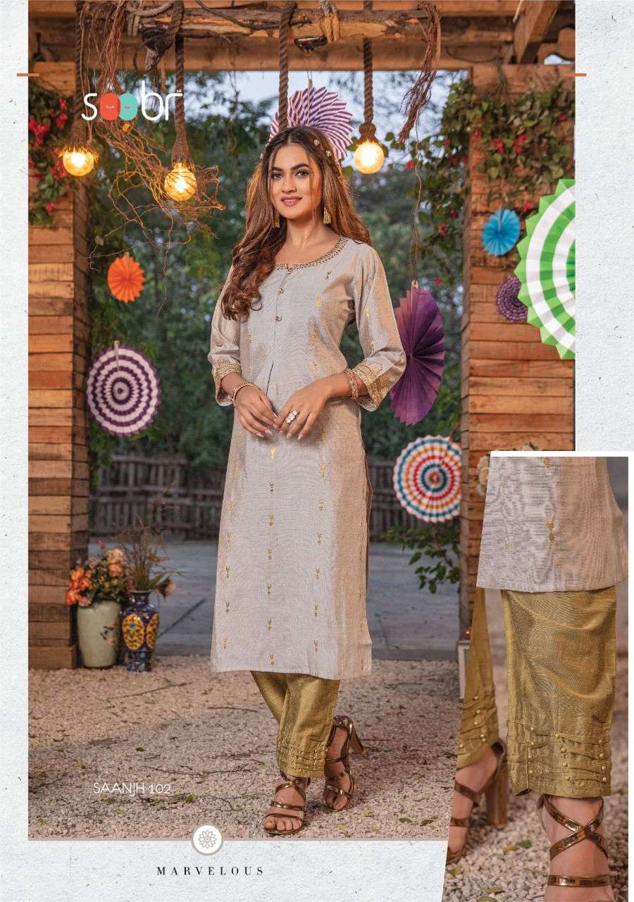 SAANJH BY SOOBR 101 TO 106 SERIES DESIGNER STYLISH FANCY COLORFUL BEAUTIFUL PARTY WEAR & ETHNIC WEAR COLLECTION SILK KURTIS AT WHOLESALE PRICE
