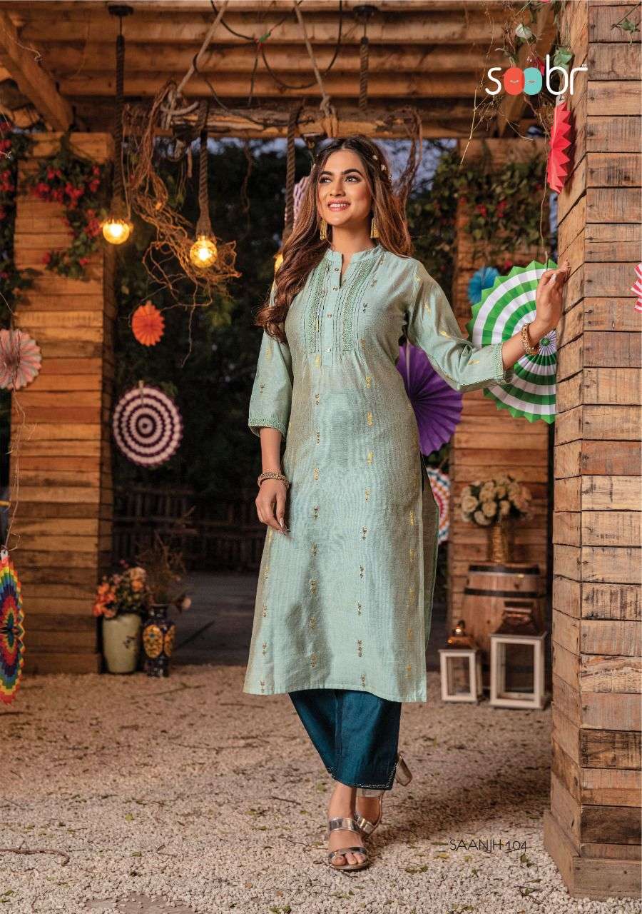 SAANJH BY SOOBR 101 TO 106 SERIES DESIGNER STYLISH FANCY COLORFUL BEAUTIFUL PARTY WEAR & ETHNIC WEAR COLLECTION SILK KURTIS AT WHOLESALE PRICE