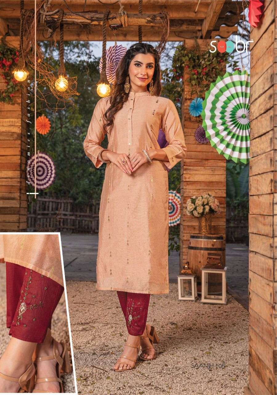 SAANJH BY SOOBR 101 TO 106 SERIES DESIGNER STYLISH FANCY COLORFUL BEAUTIFUL PARTY WEAR & ETHNIC WEAR COLLECTION SILK KURTIS AT WHOLESALE PRICE