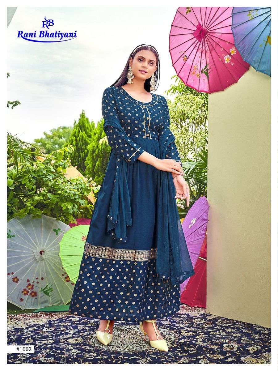 AAROHI VOL-2 BY RANI BHATIYANI 1001 TO 1008 SERIES BEAUTIFUL STYLISH FANCY COLORFUL CASUAL WEAR & ETHNIC WEAR RAYON FOIL GOWNS WITH DUPATTA AT WHOLESALE PRICE