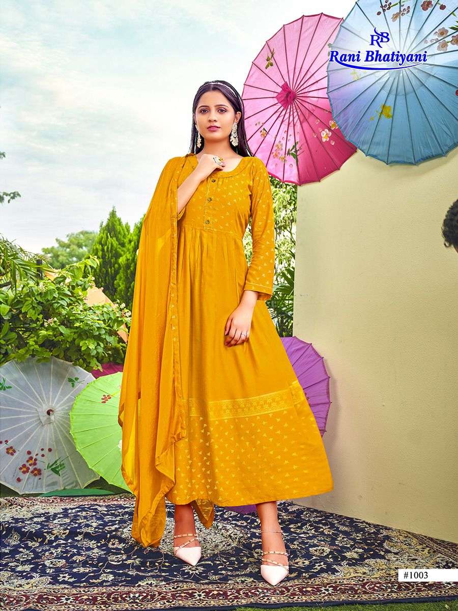 AAROHI VOL-2 BY RANI BHATIYANI 1001 TO 1008 SERIES BEAUTIFUL STYLISH FANCY COLORFUL CASUAL WEAR & ETHNIC WEAR RAYON FOIL GOWNS WITH DUPATTA AT WHOLESALE PRICE