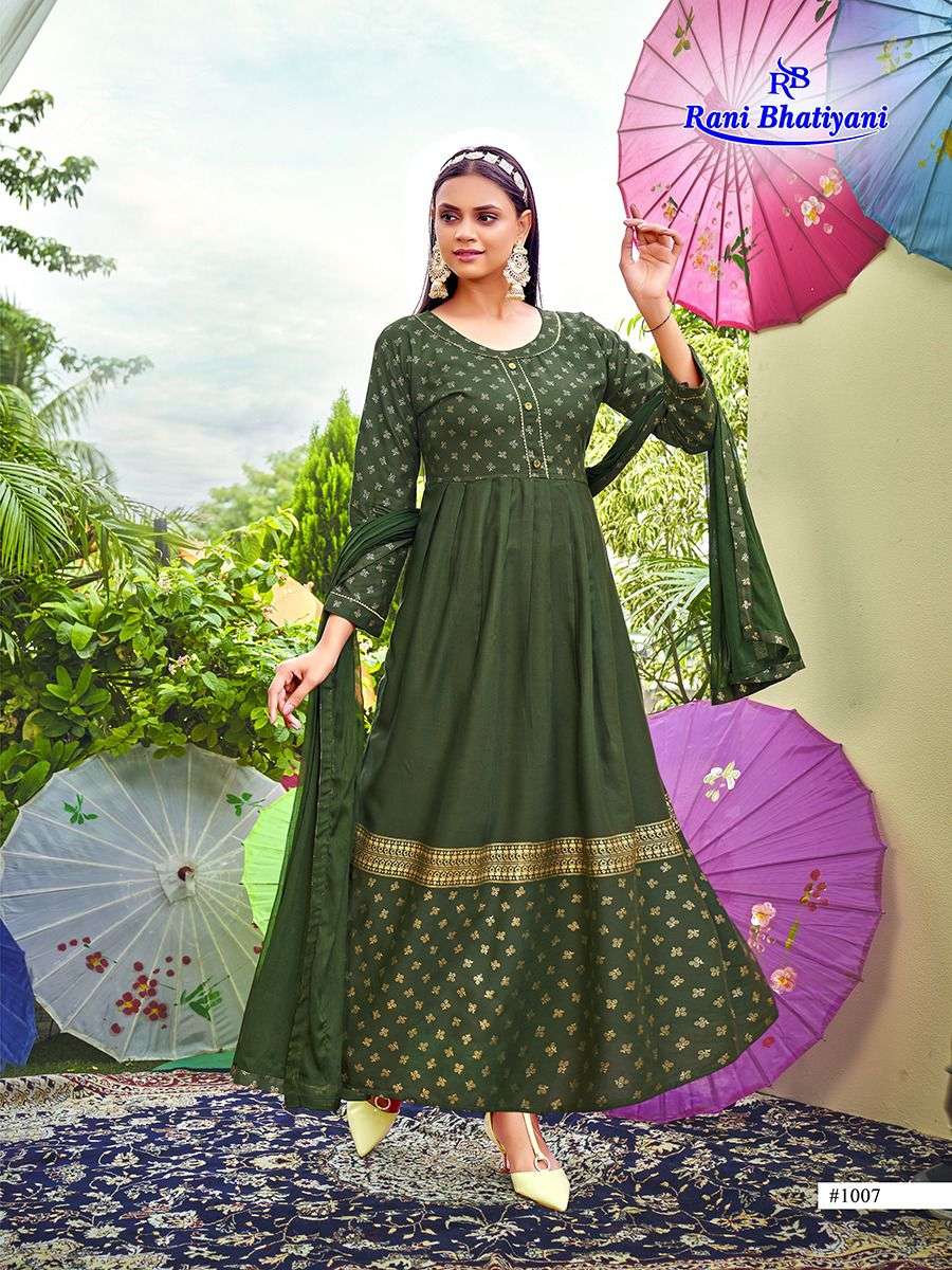 AAROHI VOL-2 BY RANI BHATIYANI 1001 TO 1008 SERIES BEAUTIFUL STYLISH FANCY COLORFUL CASUAL WEAR & ETHNIC WEAR RAYON FOIL GOWNS WITH DUPATTA AT WHOLESALE PRICE