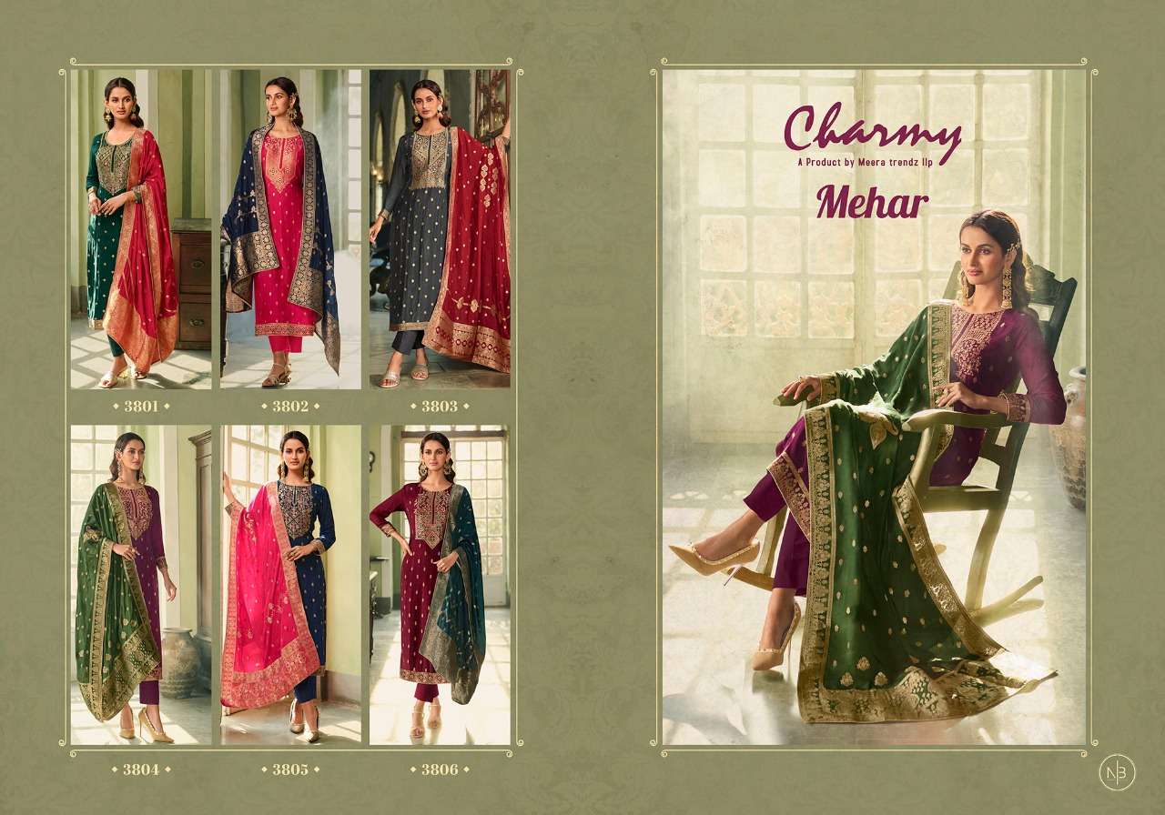 MEHAR BY CHARMY 3801 TO 3806 SERIES BEAUTIFUL SUITS COLORFUL STYLISH FANCY CASUAL WEAR & ETHNIC WEAR SILK JACQUARD DRESSES AT WHOLESALE PRICE