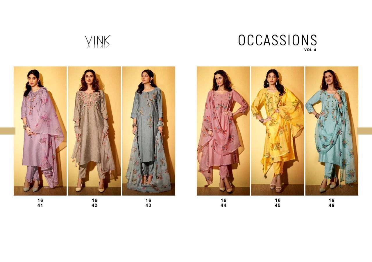 OCCASSIONS VOL-4 BY VINK 1641 TO 1646 SERIES BEAUTIFUL SUITS COLORFUL STYLISH FANCY CASUAL WEAR & ETHNIC WEAR PURE VISCOSE DRESSES AT WHOLESALE PRICE