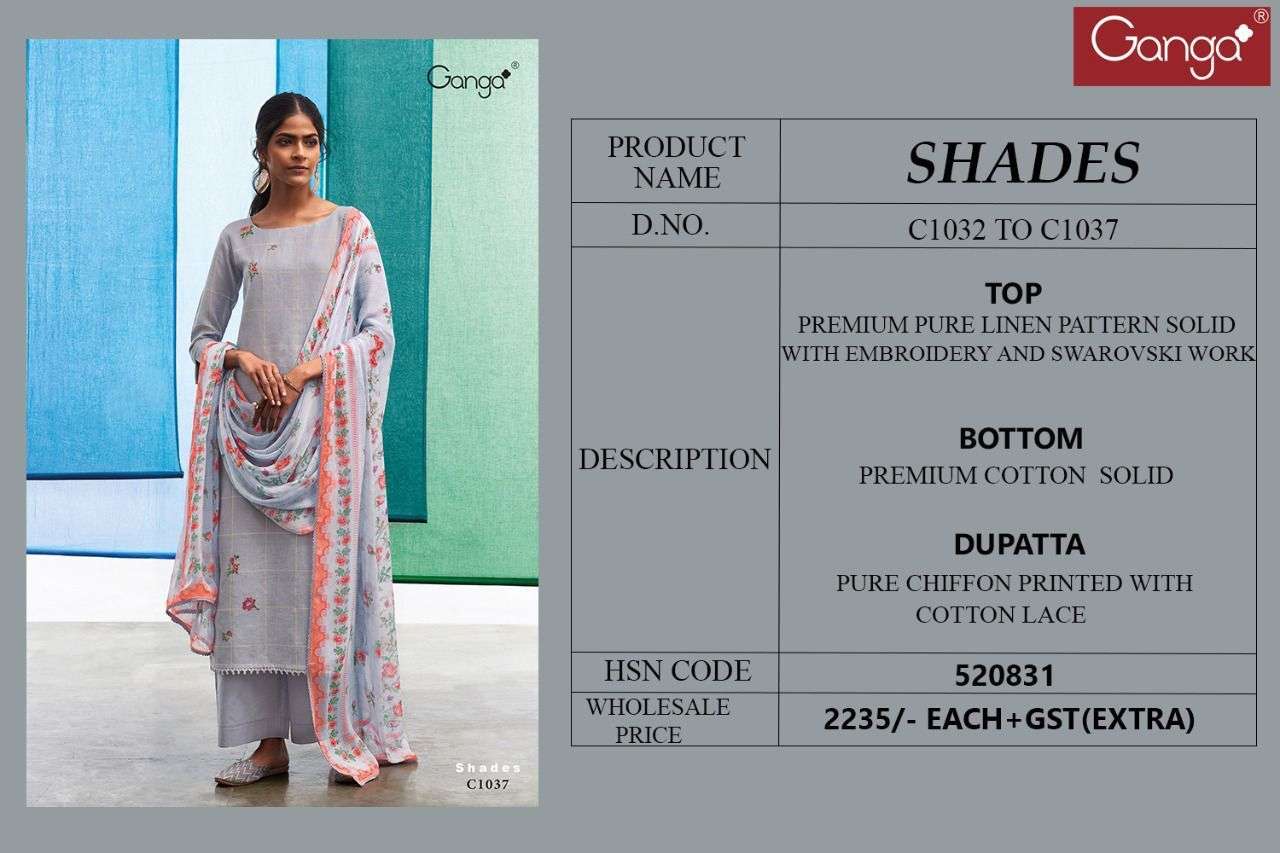 SHADES BY GANGA FASHION 1032 TO 1037 SERIES BEAUTIFUL SUITS COLORFUL STYLISH FANCY CASUAL WEAR & ETHNIC WEAR PURE LINEN DRESSES AT WHOLESALE PRICE