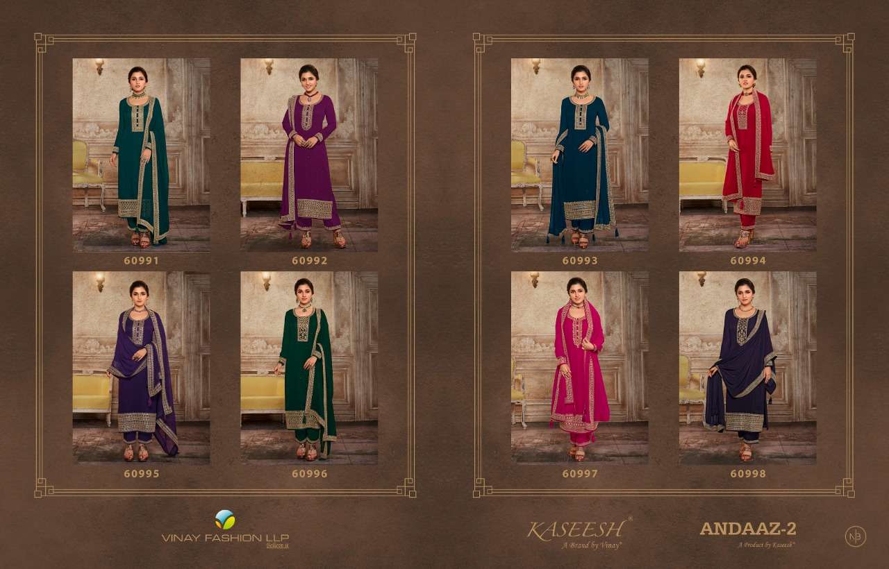 KASEESH ANDAAZ VOL-2 BY VINAY FASHION 60991 TO 60998 SERIES BEAUTIFUL STYLISH SUITS FANCY COLORFUL CASUAL WEAR & ETHNIC WEAR & READY TO WEAR GEORGETTE EMBROIDERY DRESSES AT WHOLESALE PRICE