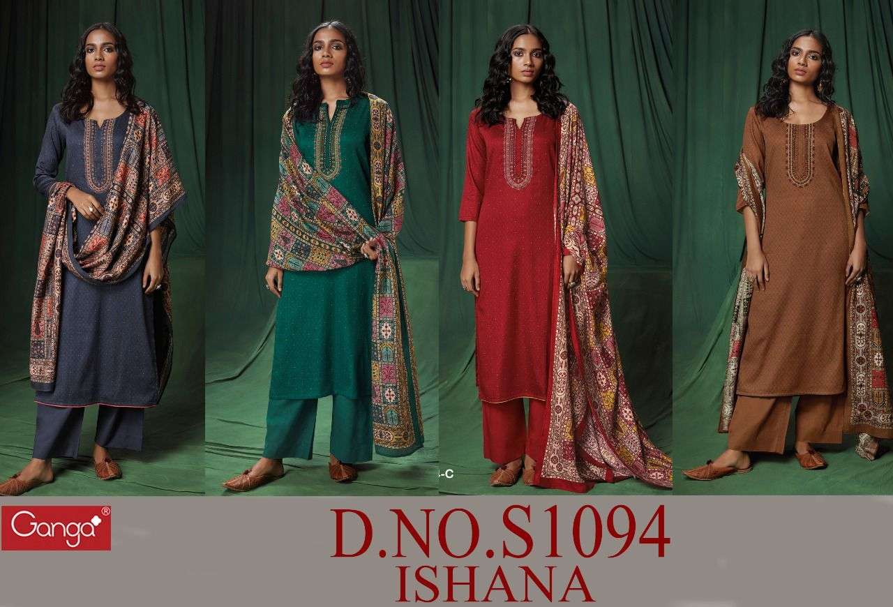 ISHANA-1094 BY GANGA FASHION 1094-A TO 1094-D SERIES BEAUTIFUL SUITS COLORFUL STYLISH FANCY CASUAL WEAR & ETHNIC WEAR COTTON SATIN DRESSES AT WHOLESALE PRICE