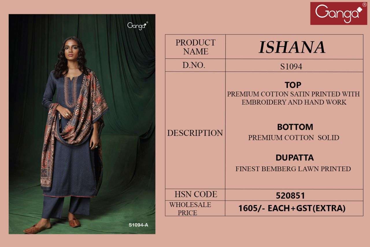 ISHANA-1094 BY GANGA FASHION 1094-A TO 1094-D SERIES BEAUTIFUL SUITS COLORFUL STYLISH FANCY CASUAL WEAR & ETHNIC WEAR COTTON SATIN DRESSES AT WHOLESALE PRICE