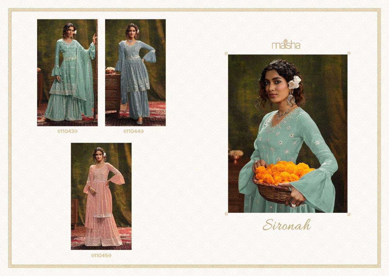 SIRONAH BY MAISHA 11043 TO 11045 SERIES BEAUTIFUL SHARARA SUITS COLORFUL STYLISH FANCY CASUAL WEAR & ETHNIC WEAR PURE CHINNON DRESSES AT WHOLESALE PRICE