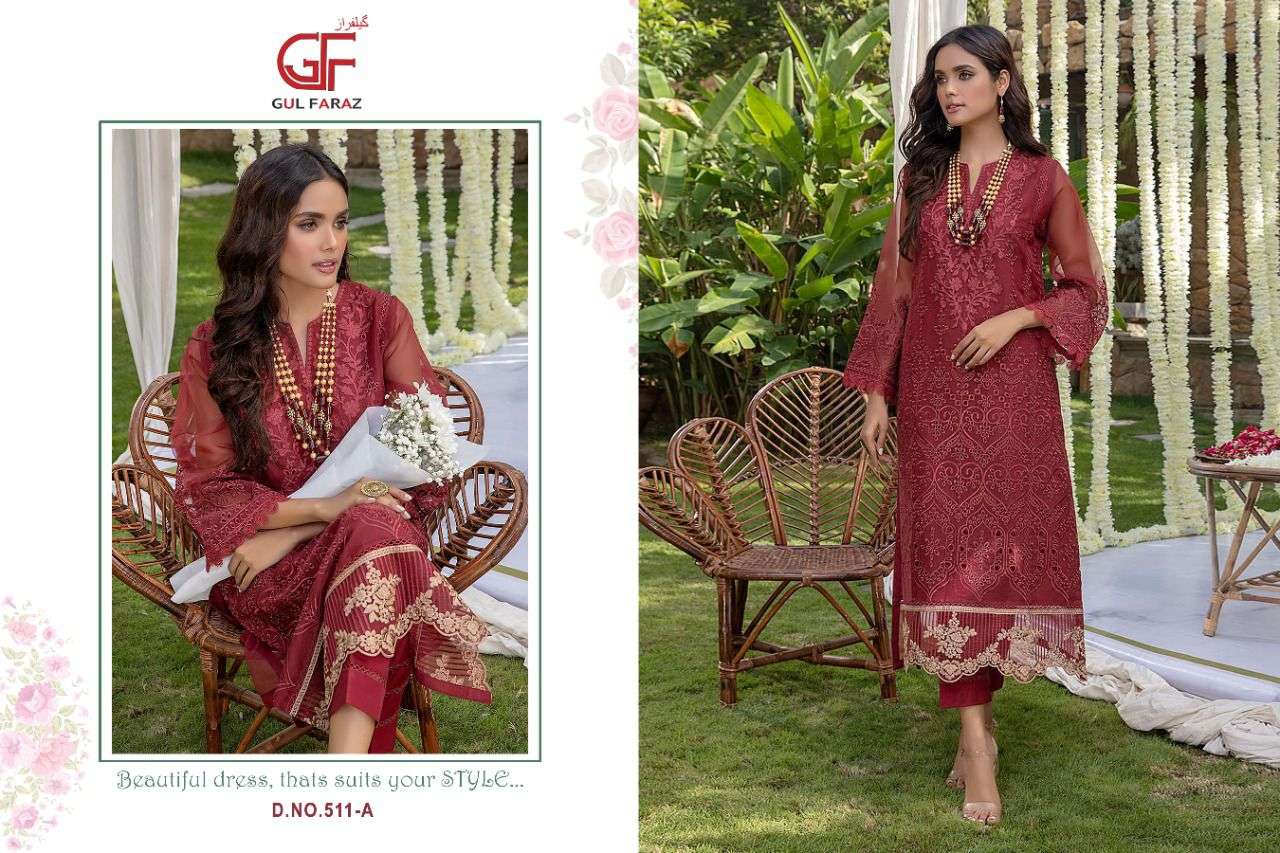 GUL FARAZ 511 COLOURS BY GUL FARAZ 511-A TO 511-D SERIES BEAUTIFUL PAKISTANI SUITS COLORFUL STYLISH FANCY CASUAL WEAR & ETHNIC WEAR FAUX GEORGETTE EMBROIDERED DRESSES AT WHOLESALE PRICE