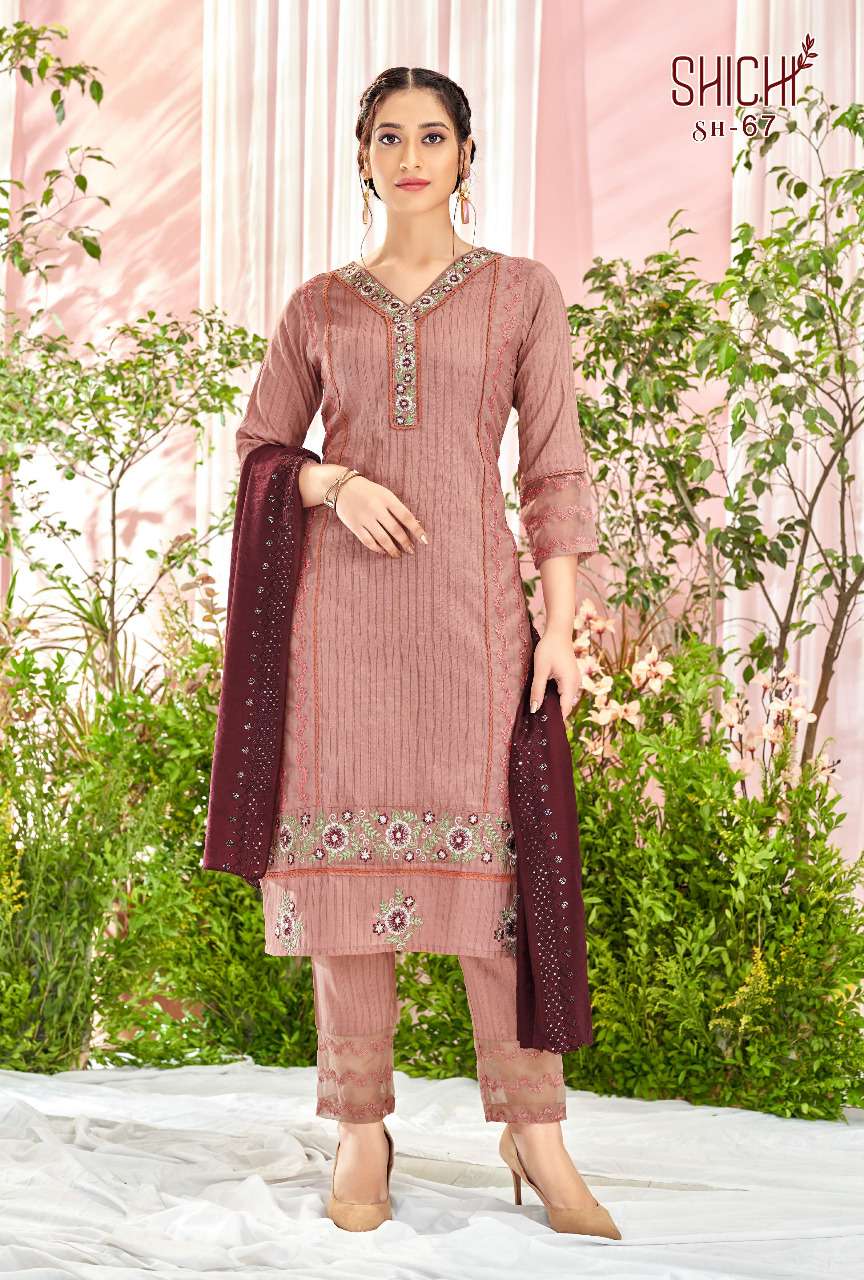 SAANJH BY SHICHI 67 TO 72 SERIES BEAUTIFUL SUITS COLORFUL STYLISH FANCY CASUAL WEAR & ETHNIC WEAR NYLON CHINNON DRESSES AT WHOLESALE PRICE