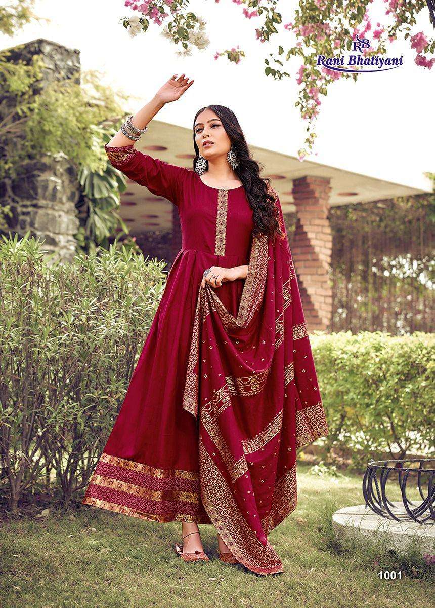 MASTANI VOL-1 BY RANI BHATIYANI 1001 TO 1008 SERIES BEAUTIFUL STYLISH FANCY COLORFUL CASUAL WEAR & ETHNIC WEAR RAYON SLUB GOWNS WITH DUPATTA AT WHOLESALE PRICE