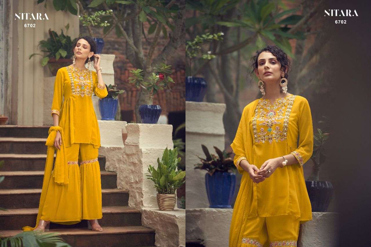 GHAZAL VOL-2 BY NITARA 6701 TO 6706 SERIES BEAUTIFUL SHARARA SUITS COLORFUL STYLISH FANCY CASUAL WEAR & ETHNIC WEAR GEORGETTE DRESSES AT WHOLESALE PRICE