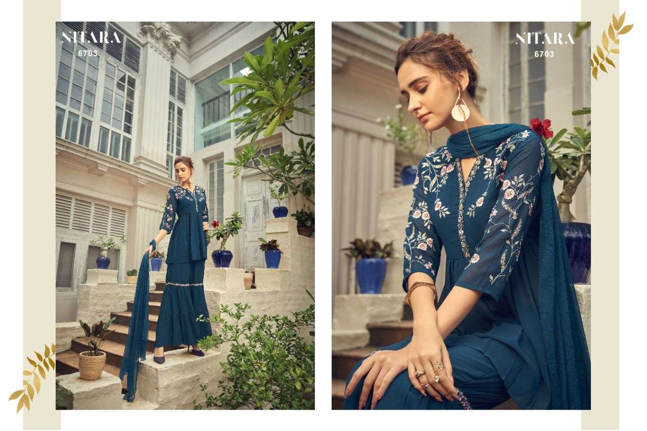 GHAZAL VOL-2 BY NITARA 6701 TO 6706 SERIES BEAUTIFUL SHARARA SUITS COLORFUL STYLISH FANCY CASUAL WEAR & ETHNIC WEAR GEORGETTE DRESSES AT WHOLESALE PRICE