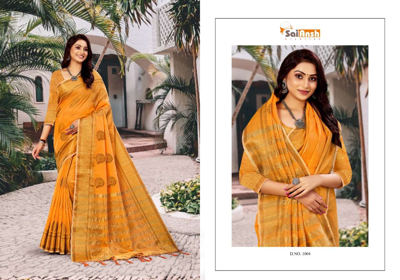BRINDA BY SAI ANSH 1001 TO 1006 SERIES INDIAN TRADITIONAL WEAR COLLECTION BEAUTIFUL STYLISH FANCY COLORFUL PARTY WEAR & OCCASIONAL WEAR PURE LINEN SAREES AT WHOLESALE PRICE