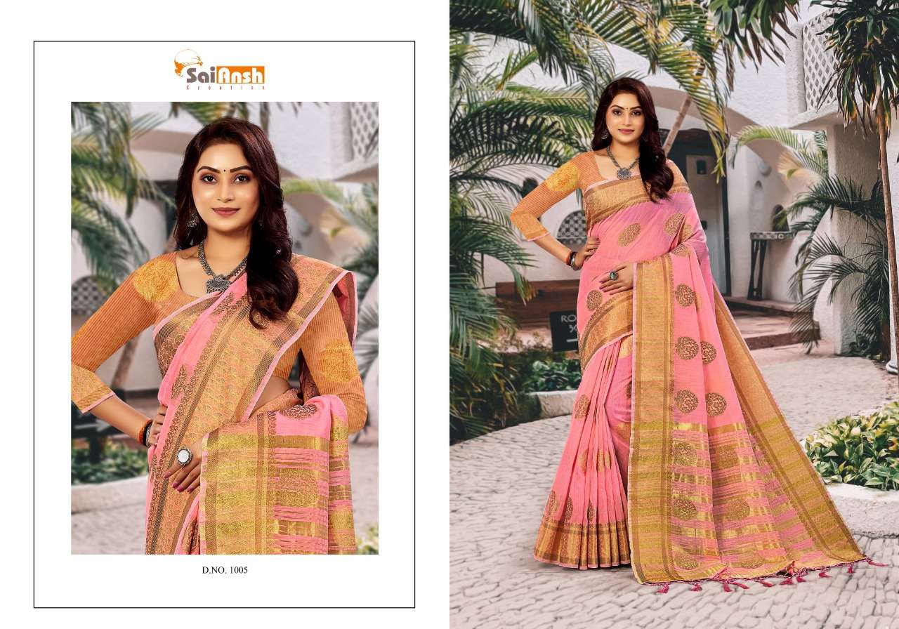 BRINDA BY SAI ANSH 1001 TO 1006 SERIES INDIAN TRADITIONAL WEAR COLLECTION BEAUTIFUL STYLISH FANCY COLORFUL PARTY WEAR & OCCASIONAL WEAR PURE LINEN SAREES AT WHOLESALE PRICE