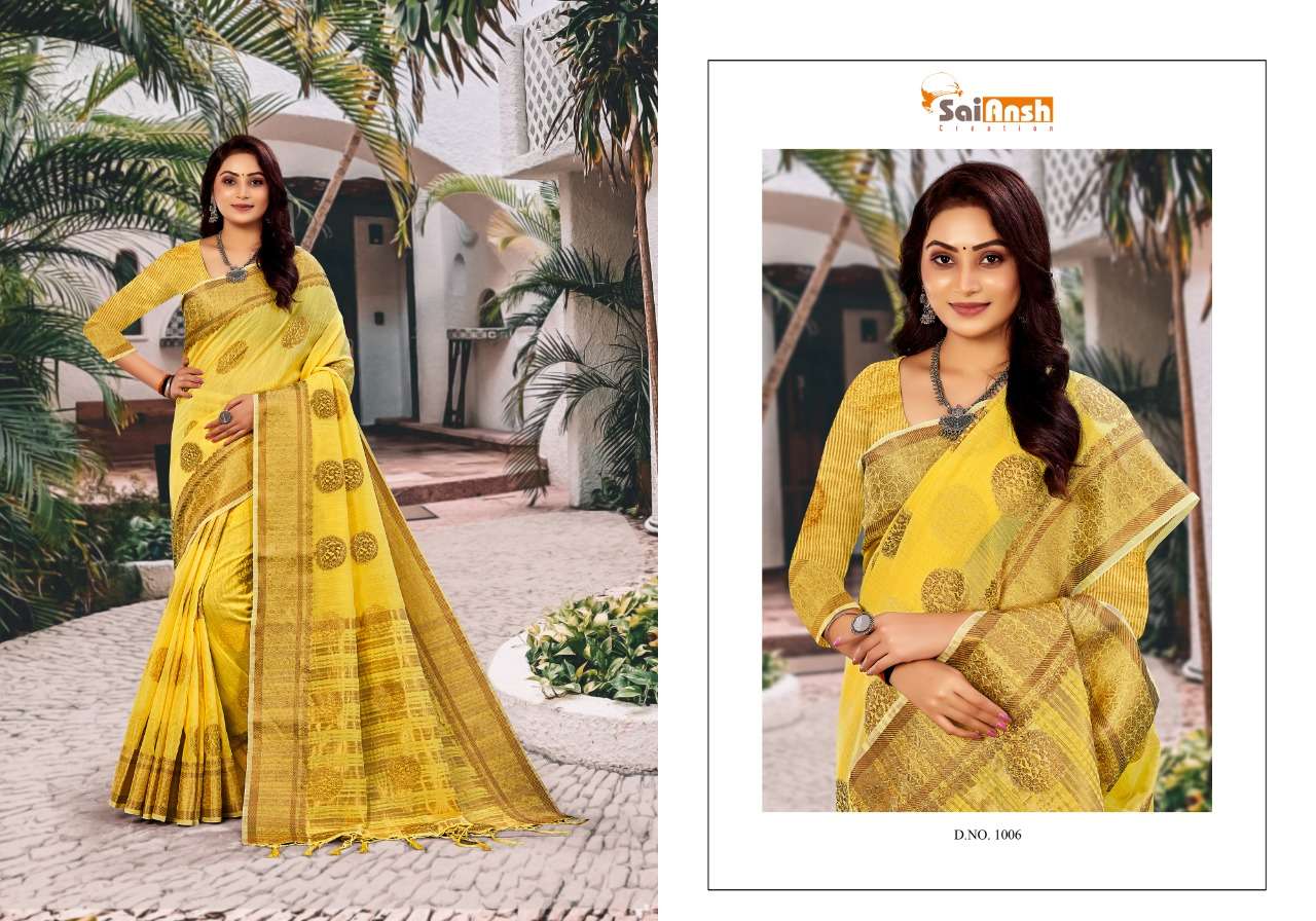 BRINDA BY SAI ANSH 1001 TO 1006 SERIES INDIAN TRADITIONAL WEAR COLLECTION BEAUTIFUL STYLISH FANCY COLORFUL PARTY WEAR & OCCASIONAL WEAR PURE LINEN SAREES AT WHOLESALE PRICE