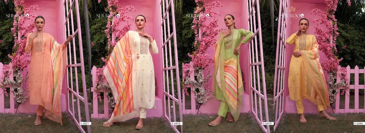 GLORENA BY SHUROOQ 10077 TO 10080 SERIES BEAUTIFUL SUITS COLORFUL STYLISH FANCY CASUAL WEAR & ETHNIC WEAR PURE MUSLIN DRESSES AT WHOLESALE PRICE