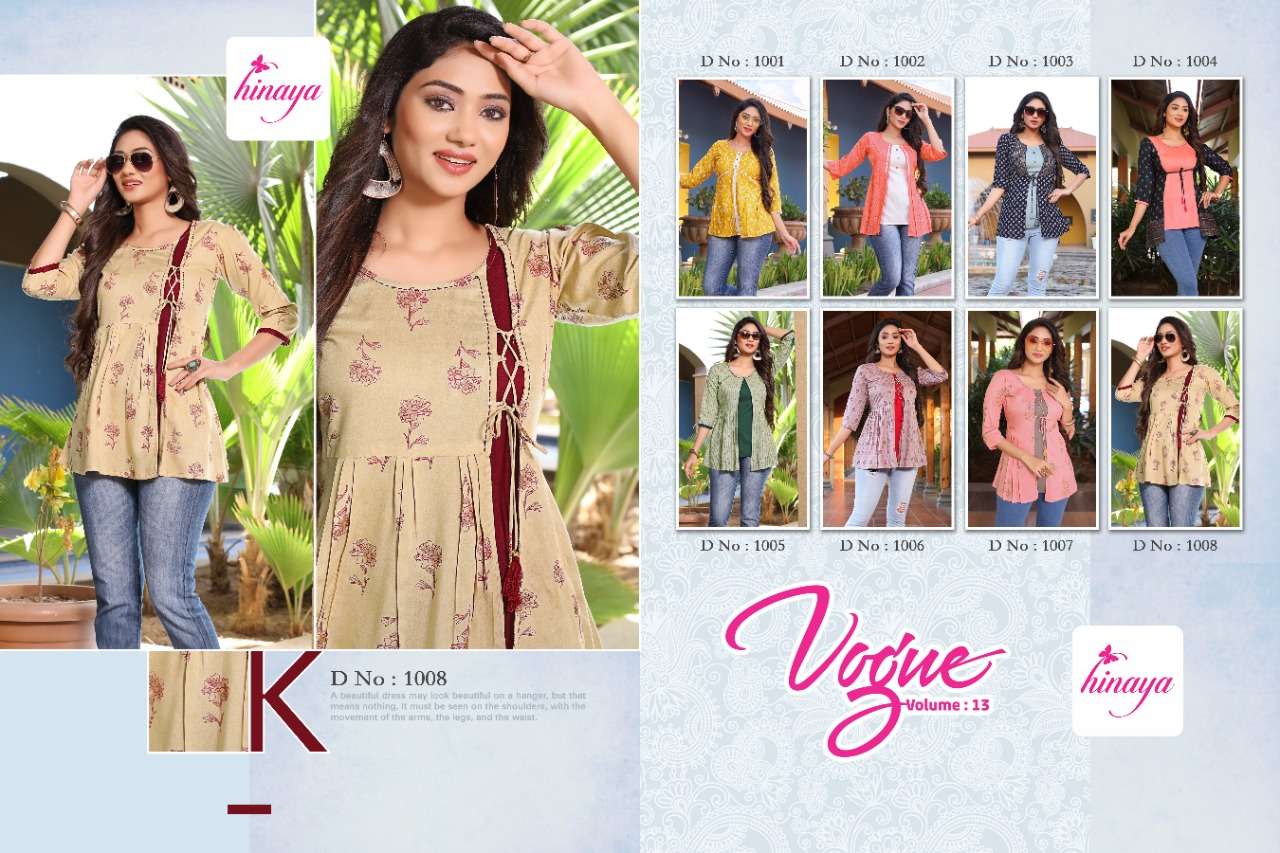 VOGUE VOL-13 BY HINAYA 1001 TO 1008 SERIES BEAUTIFUL STYLISH FANCY COLORFUL CASUAL WEAR & ETHNIC WEAR HEAVY RAYON SLUB TOPS AT WHOLESALE PRICE