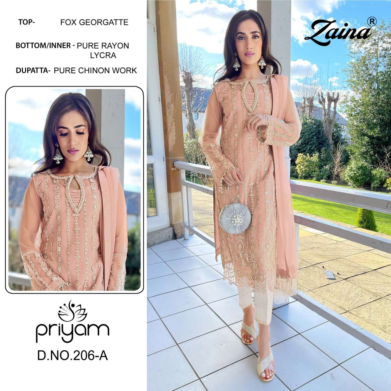 ZAINA 200 SERIES BY PRIYAM 200-A TO 207-B SERIES BEAUTIFUL PAKISTANI SUITS COLORFUL STYLISH FANCY CASUAL WEAR & ETHNIC WEAR FAUX GEORGETTE DRESSES AT WHOLESALE PRICE