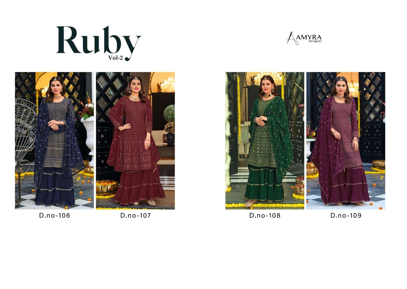 Ruby Vol-2 By Amyra Designer 106 To 109 Series Beautiful Sharara Suits Colorful Stylish Fancy Casual Wear & Ethnic Wear Georgette Dresses At Wholesale Price