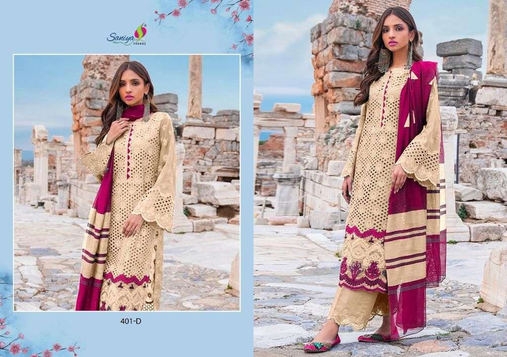 ZAINAB CHOTTANI COLOR EDITION BY SANIYA TRENDZ 401-A TO 401-E SERIES BEAUTIFUL SUITS STYLISH FANCY COLORFUL CASUAL WEAR & ETHNIC WEAR CAMBRIC COTTON WITH EMBROIDERY DRESSES AT WHOLESALE PRICE
