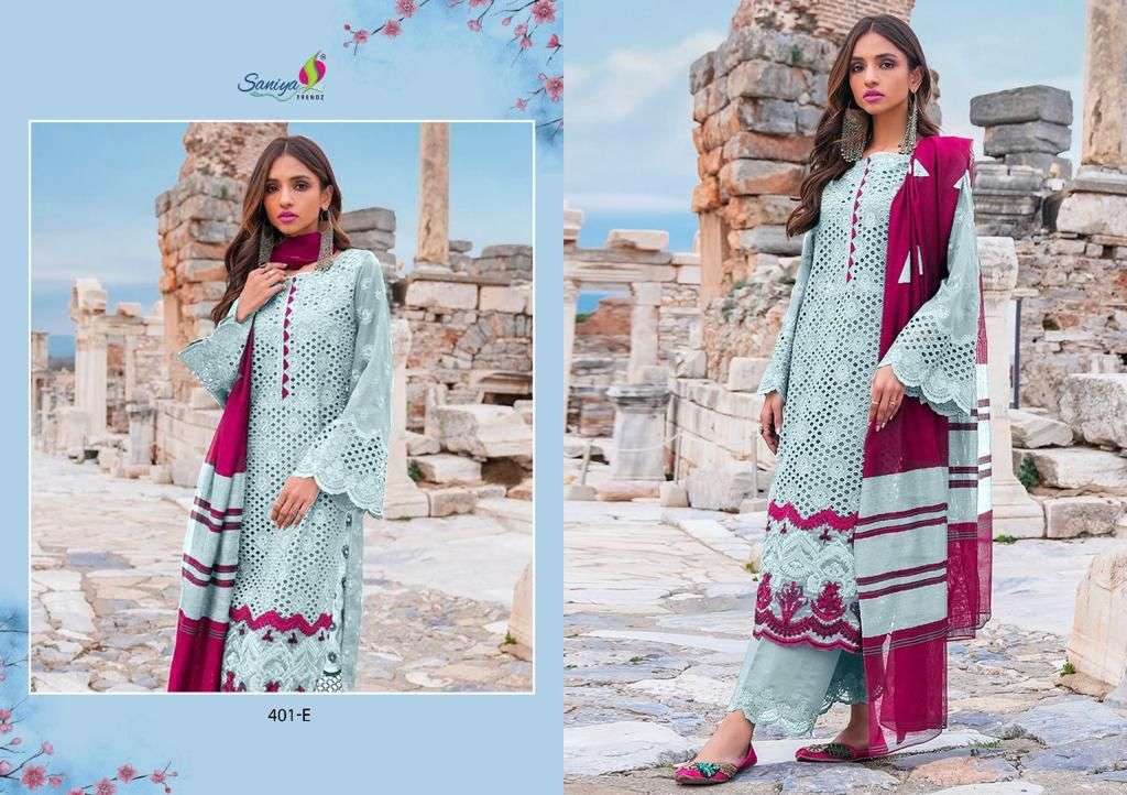 ZAINAB CHOTTANI COLOR EDITION BY SANIYA TRENDZ 401-A TO 401-E SERIES BEAUTIFUL SUITS STYLISH FANCY COLORFUL CASUAL WEAR & ETHNIC WEAR CAMBRIC COTTON WITH EMBROIDERY DRESSES AT WHOLESALE PRICE