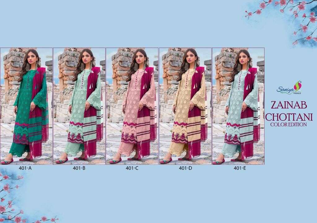 ZAINAB CHOTTANI COLOR EDITION BY SANIYA TRENDZ 401-A TO 401-E SERIES BEAUTIFUL SUITS STYLISH FANCY COLORFUL CASUAL WEAR & ETHNIC WEAR CAMBRIC COTTON WITH EMBROIDERY DRESSES AT WHOLESALE PRICE