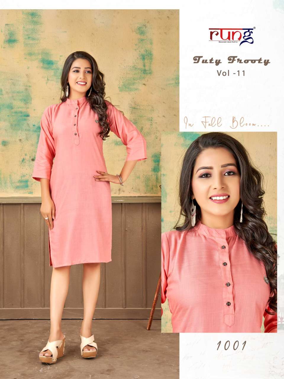 TUTY FRUITY VOL-11 BY RUNG 1001 TO 1010 SERIES DESIGNER STYLISH FANCY COLORFUL BEAUTIFUL PARTY WEAR & ETHNIC WEAR COLLECTION PURE RAYON KURTIS AT WHOLESALE PRICE
