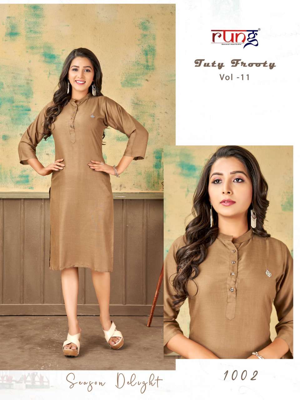 TUTY FRUITY VOL-11 BY RUNG 1001 TO 1010 SERIES DESIGNER STYLISH FANCY COLORFUL BEAUTIFUL PARTY WEAR & ETHNIC WEAR COLLECTION PURE RAYON KURTIS AT WHOLESALE PRICE